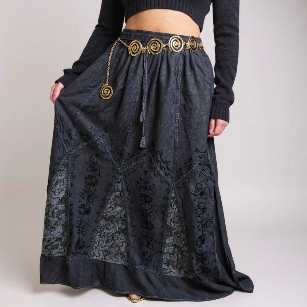 Chic Whimsy Goth Ash Black Embroidered Maxi Skirt - Picture 3 of 14